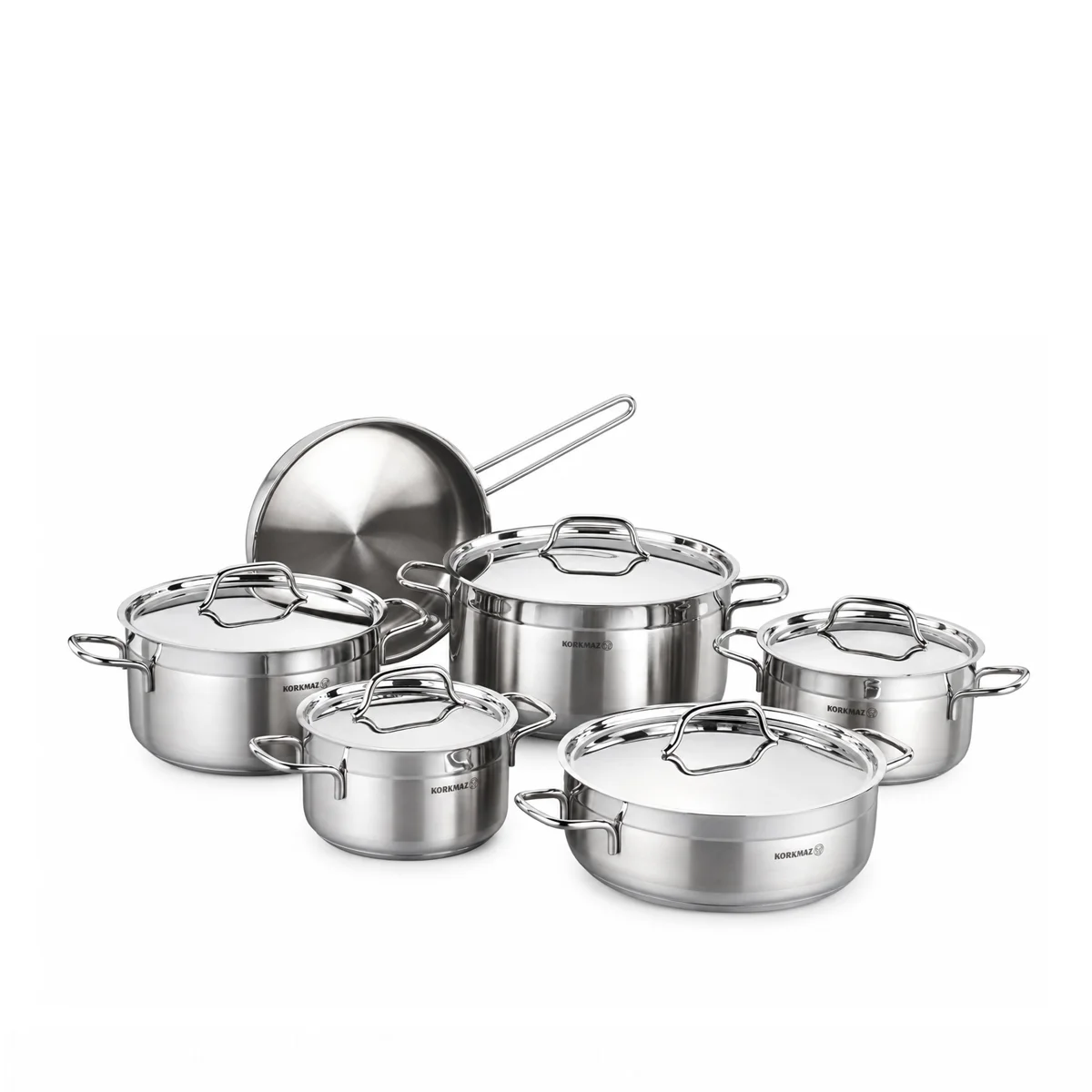 Korkmaz Alfa Plus 11 Pieces Stainless Steel Cookware Set | Induction Compatible Tri-Ply Bottom Pots and Pans Set | Silver - KA1610