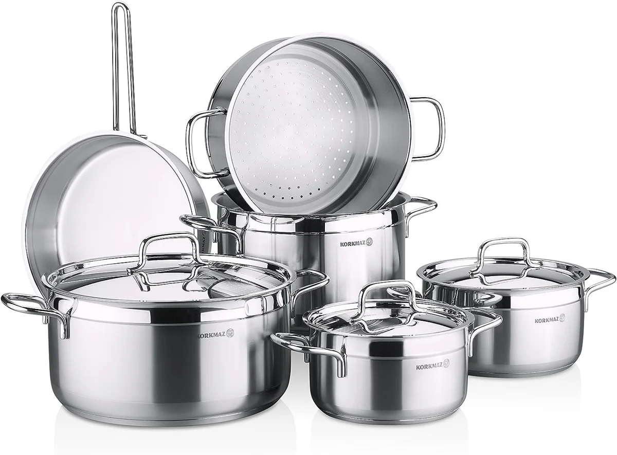 Korkmaz Alfa Plus Couscous 10 Pcs Stainless Steel Cookware Set | Induction Compatible Tri-Ply Bottom Pots and Pans Set | Silver - KA1998