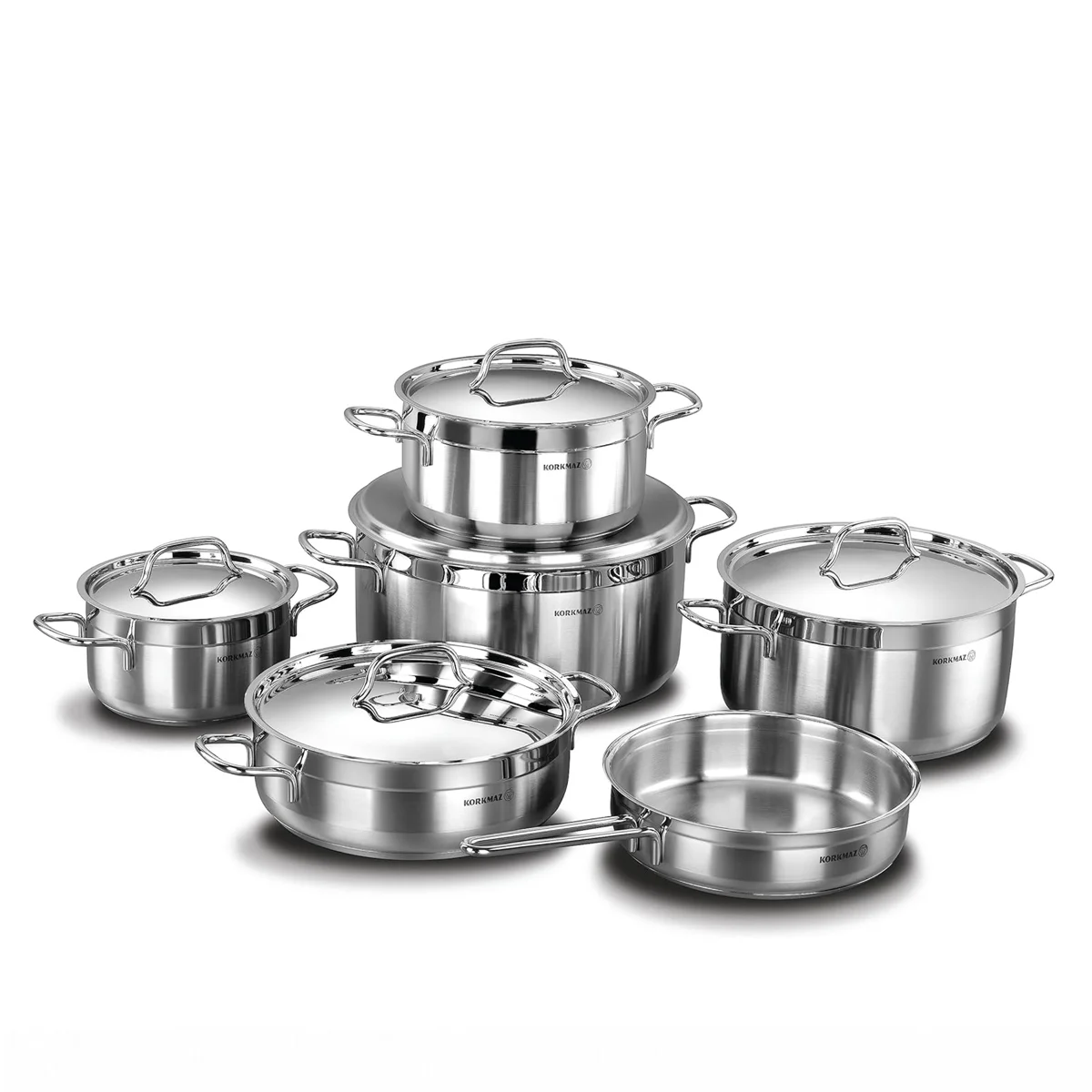 Korkmaz Alfa XL 11 Pieces Stainless Steel Cookware Set | Induction Compatible Tri-Ply Bottom Pots and Pans Set | Silver -KA1641
