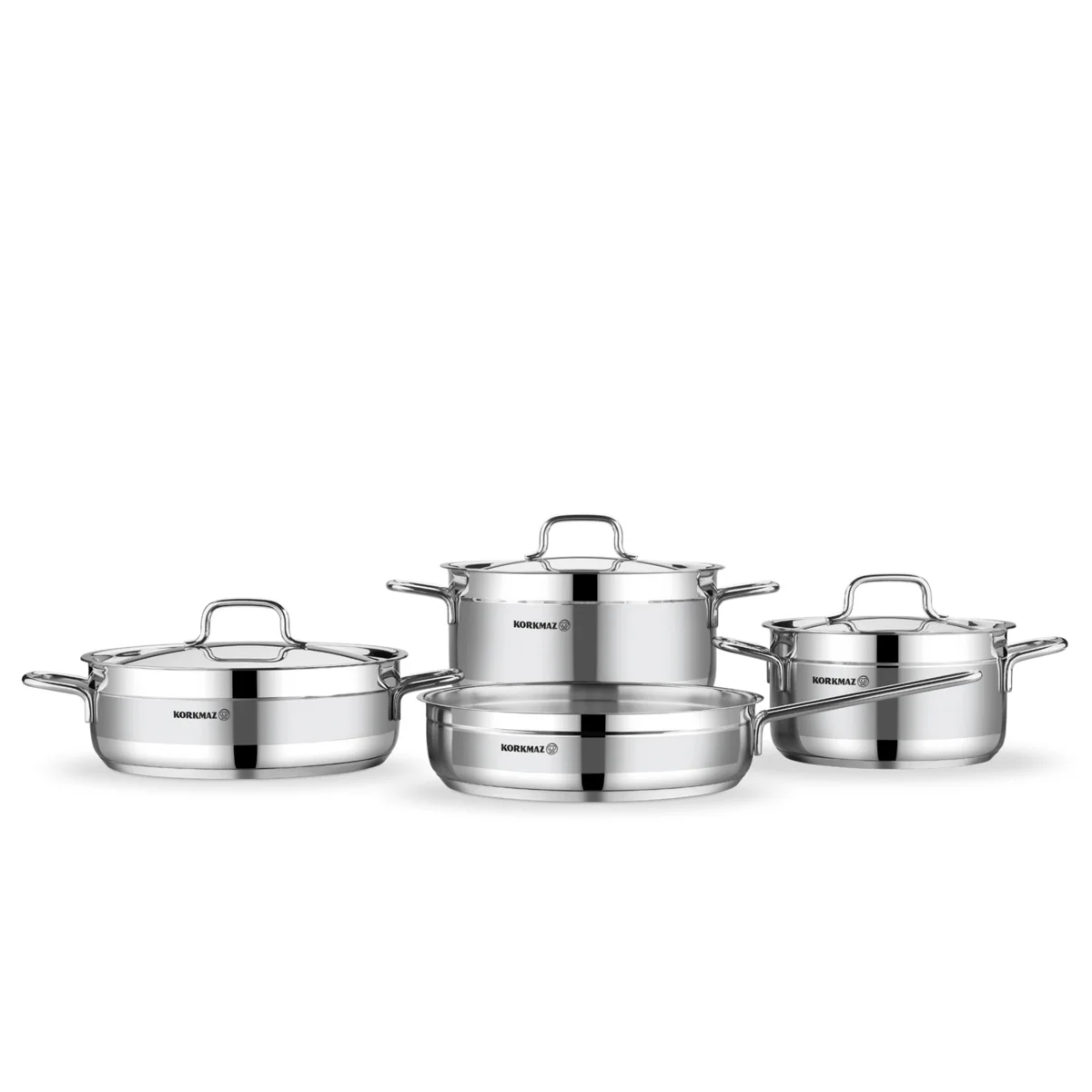 Korkmaz Alfaron 7 Pcs Stainless Steel Cookware Set | Industion Compatible Tri-Ply Bottom Pots and Pans Set | Silver - KA1954