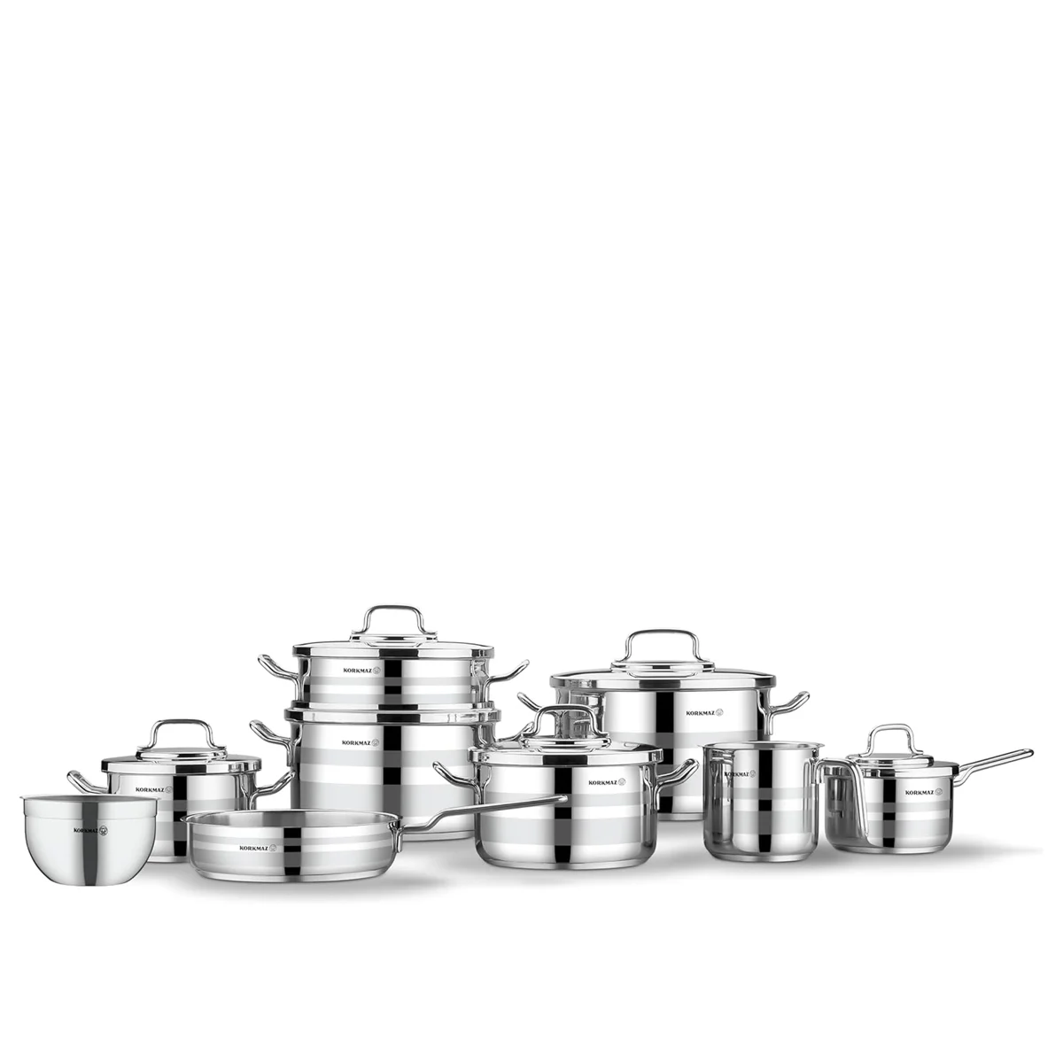 Korkmaz Astron 15 pc Cookware set | Stainless Steel Pots and Pans Set | Inductions Compatible Tri-Ply Bottom Cooking Set  | Silver - KA2057