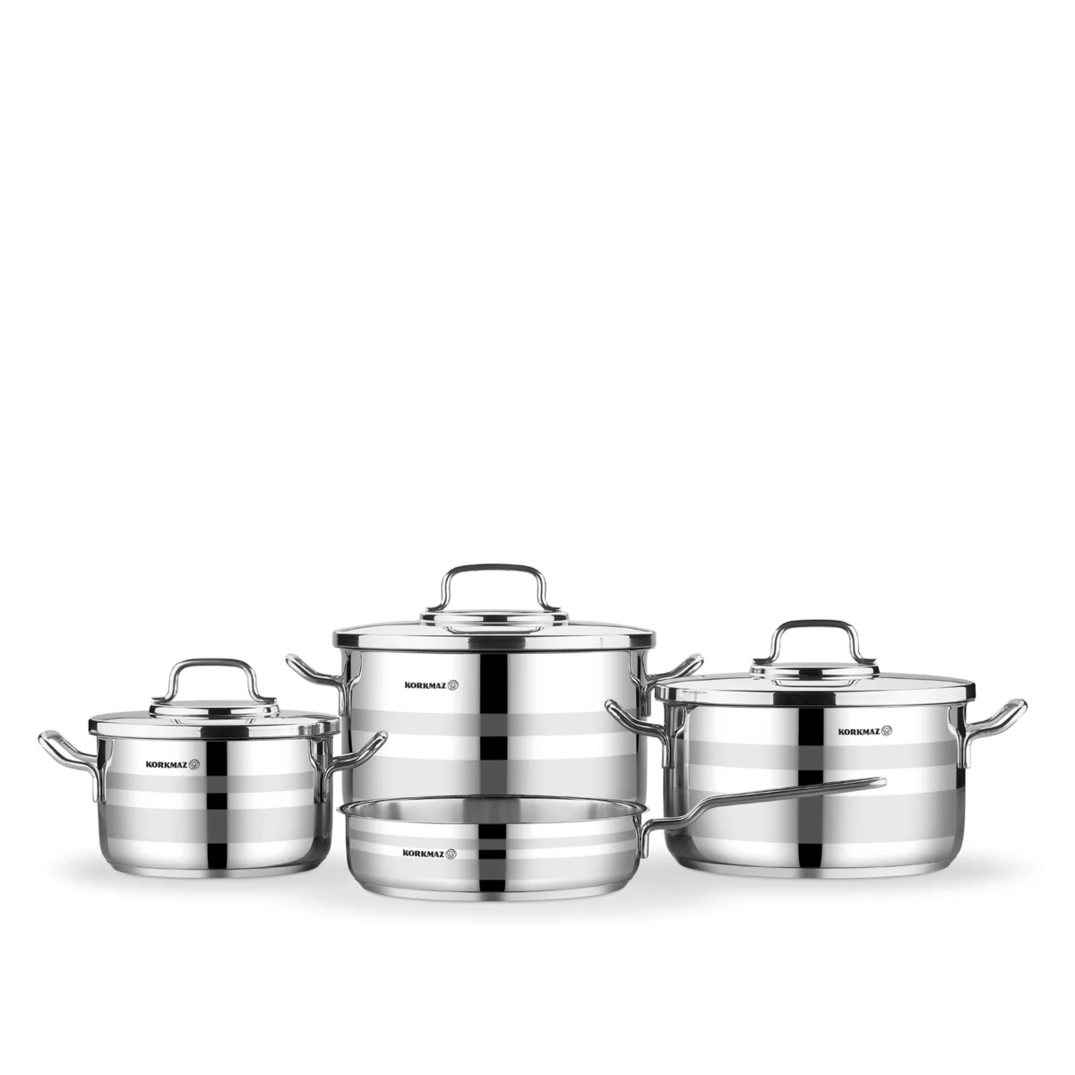 Korkmaz Astron 7 Pcs Cookware Set | Stainless Steel Pots and Pans Set | Inductions Compatible Tri-Ply Bottom Cooking Set | Silver - KA2054