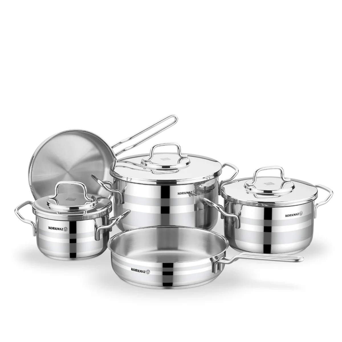 Korkmaz Astron 8 Pcs Cookware Set | Stainless Steel Pots and Pans Set | Inductions Compatible Tri-Ply Bottom Cooking Set | Silver - KA2055