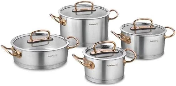Korkmaz Proline 8 Piece Pot Cookware Set | Stainless Steel Induction Compatible Tri-Ply Bottom Pots Set | Rose Gold - KA1149