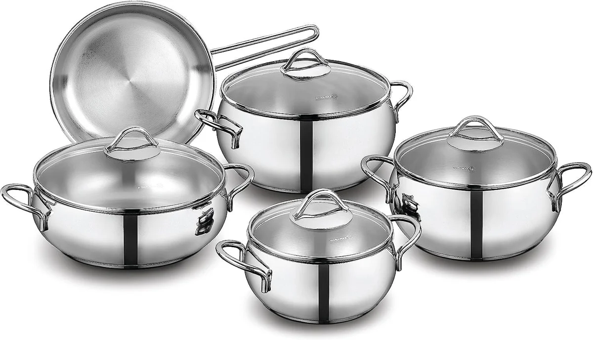 Korkmaz Tombik 9 Pieces Stainless Steel Cookware Set | Induction Compatible Tri-Ply Bottom Pots and Pans Set | Silver - KA1800