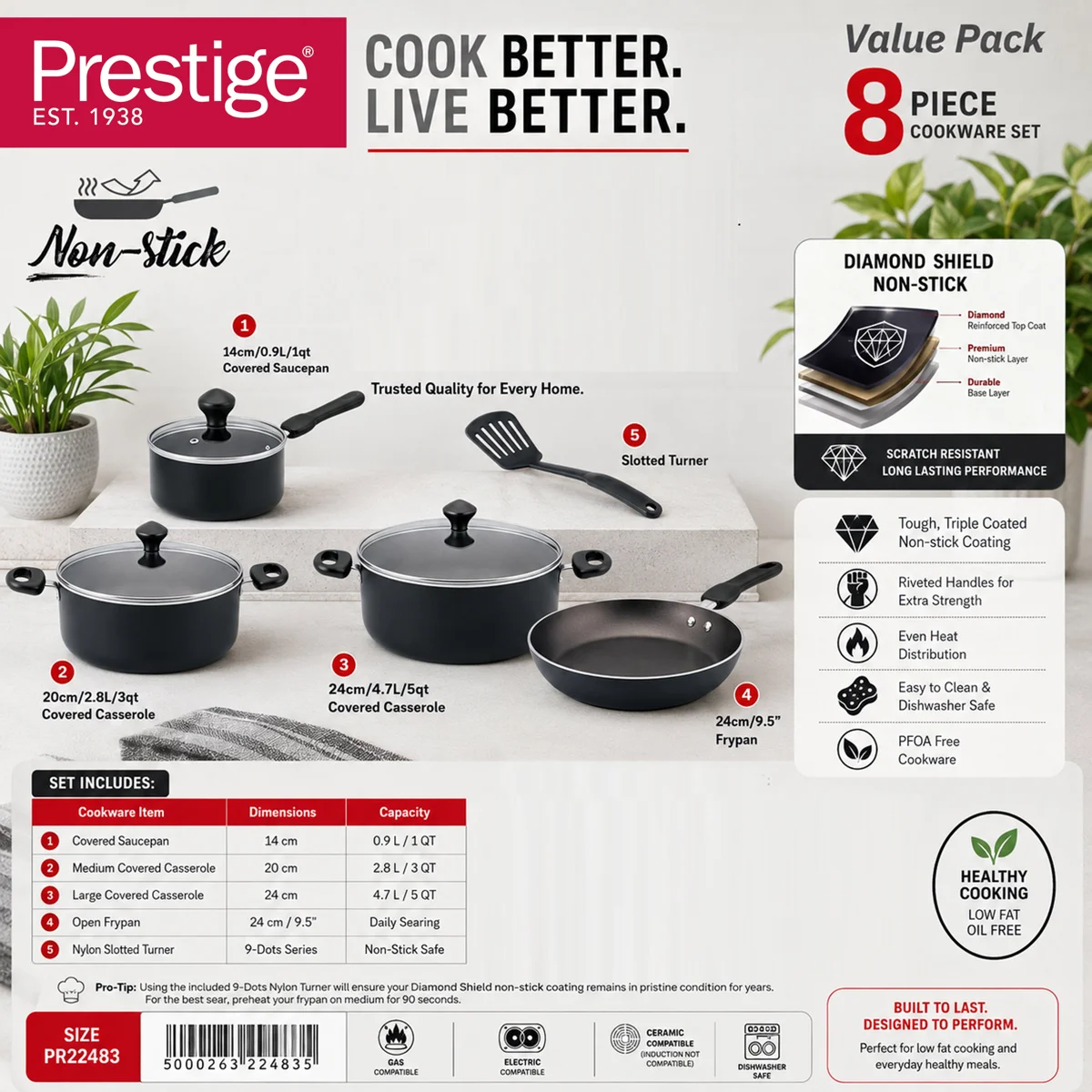 Prestige 8 Pcs Value Pack Cookware Set | Non-stick Pots and Pans Set | Cooking Set with Frying Pans, Saucepans, Saute Pan - PR22483