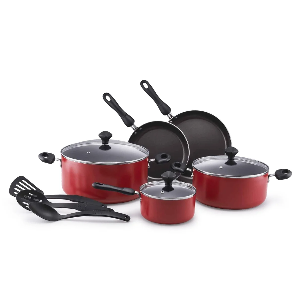 Prestige Classique 11 Piece Nonstick Cookware Set With Glass Lid | Aluminium Cooking Pots and Pans Set | Red - PR21915