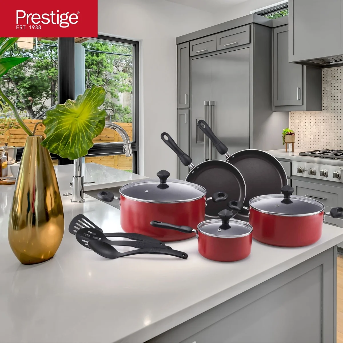 Prestige Classique 11 Piece Nonstick Cookware Set With Glass Lid | Aluminium Cooking Pots and Pans Set | Red - PR21915