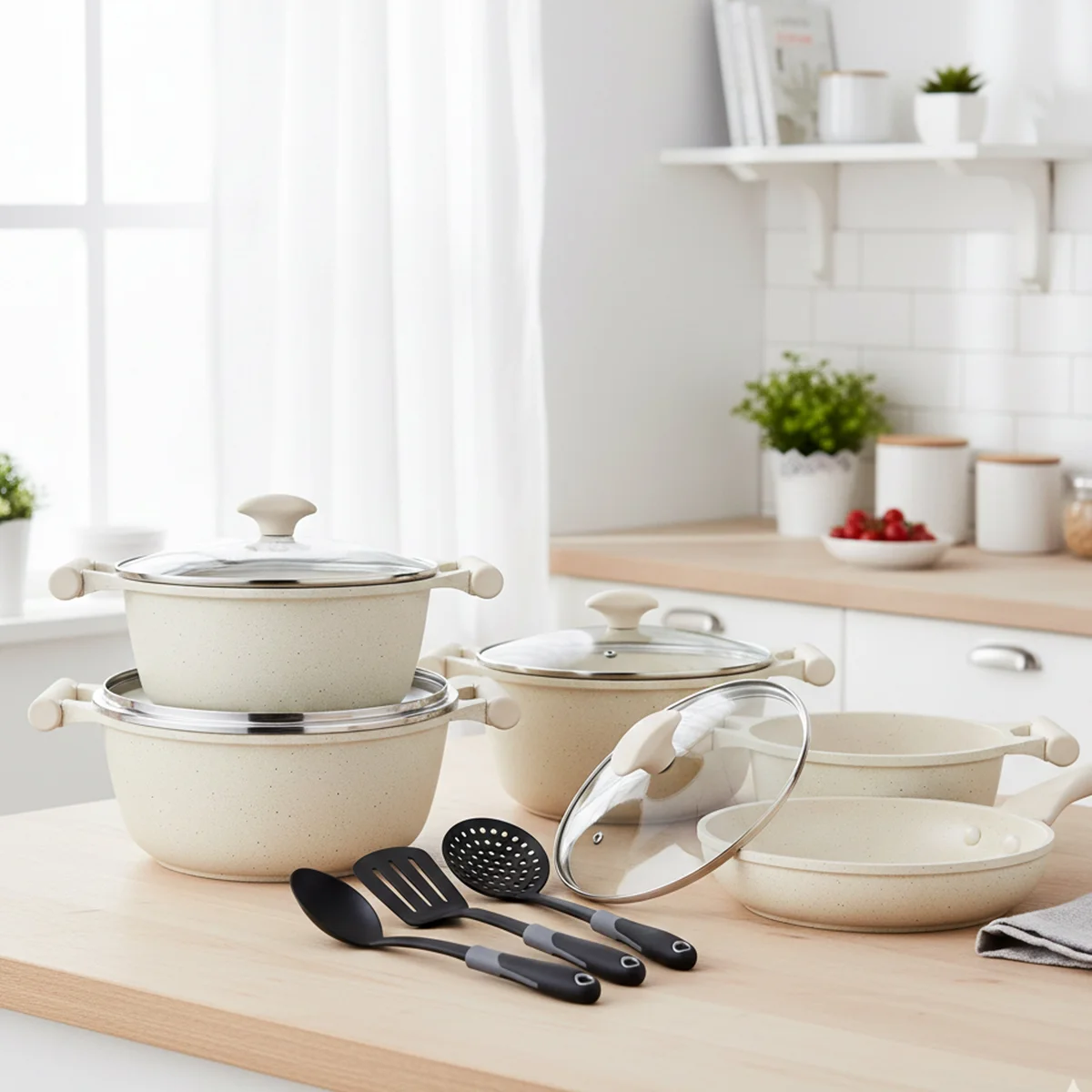 Prestige Essentials 12-Piece Off-White Granite Cookware Set | Non-Stick Pots and Pans Set | Induction Compatible Cooking Set | PR80977