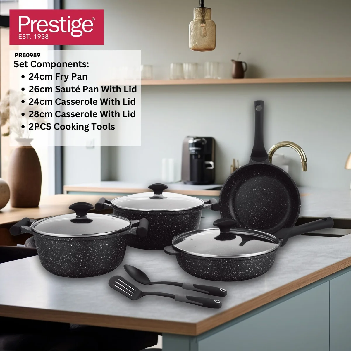 Prestige Essentials 9pcs Pots and Pans Set | Nonstick Cookware Sets | Granite Pots Set | Kitchen Induction Pots and Pans Cooking Sets | Pan Sets for Cooking | Black - PR80989
