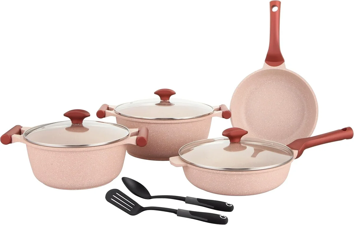Prestige Essentials 9pcs Pots and Pans Set | Nonstick Cookware Sets | Granite Pots Set | Kitchen Induction Pots and Pans Cooking Sets | Pan Sets for Cooking | Pink - PR80991