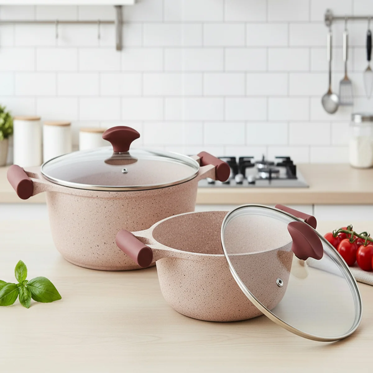 Prestige Essentials Granite 12 Piece Non-Stick Cast Aluminium Cookware sets | Induction Compatible Pots and Pans Set | Pink - PR80964