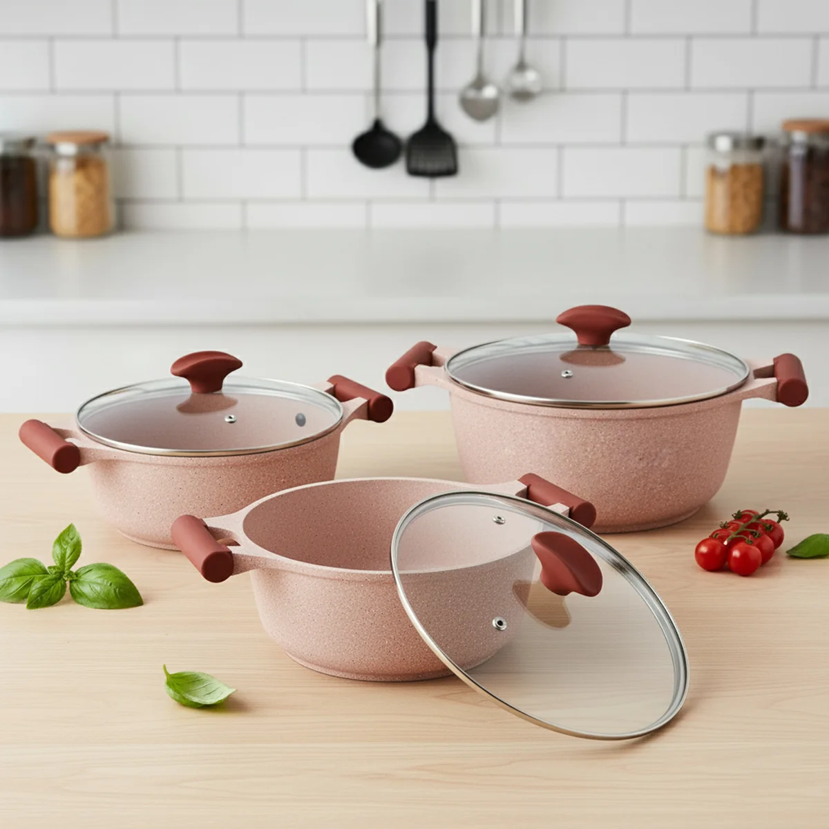 Prestige Essentials Granite 12 Piece Non-Stick Cast Aluminium Cookware sets | Induction Compatible Pots and Pans Set | Pink - PR80964