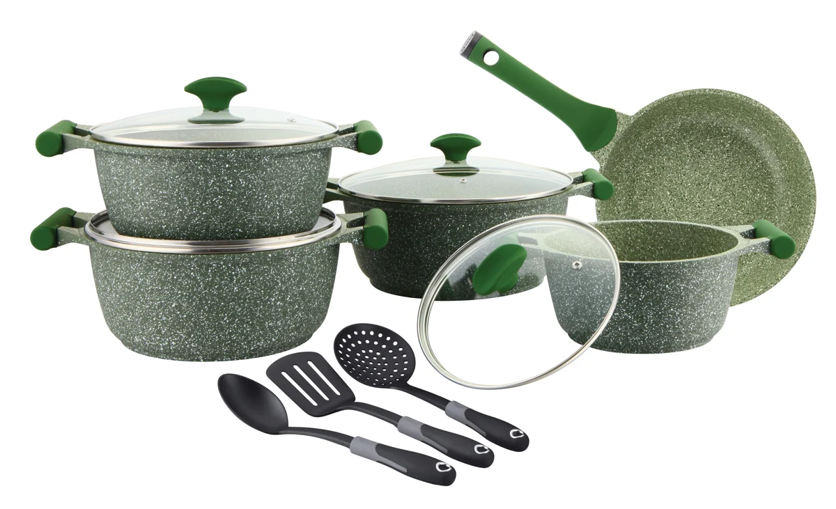 Prestige Essentials Granite 12 Piece Non-Stick Cast Aluminium Cookware sets | Induction Compatible Pots and Pans Set | Green - PR80963
