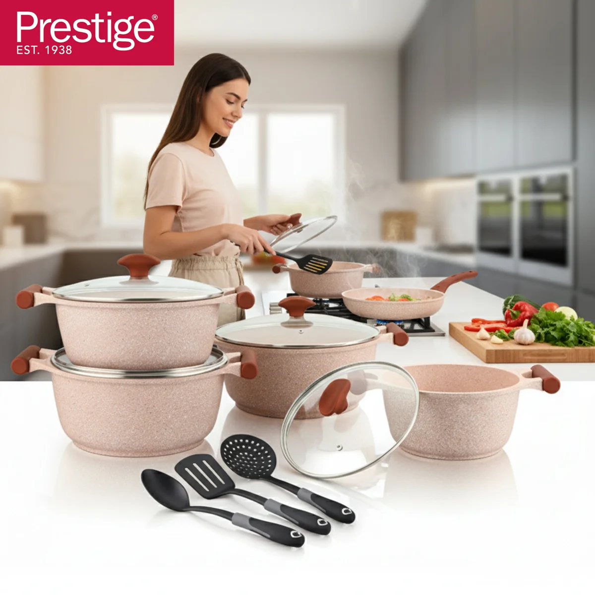 Prestige Essentials Granite 12 Piece Non-Stick Cast Aluminium Cookware sets | Induction Compatible Pots and Pans Set | Pink - PR80964