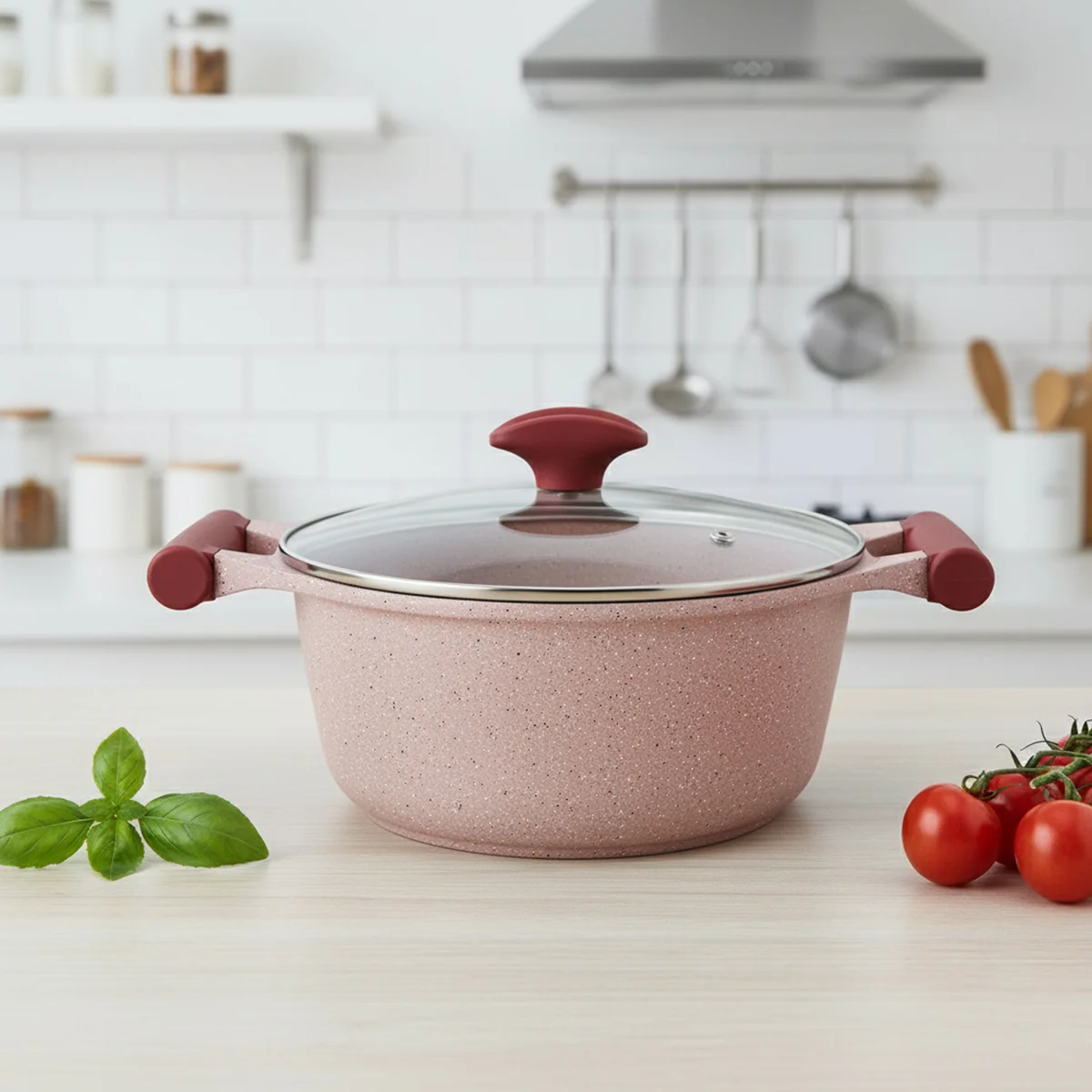 Prestige Essentials Granite 7 Piece Non-Stick Cast Aluminium Cookware Sets | Induction Compatible Pots and Pans Set | Pink - PR80961
