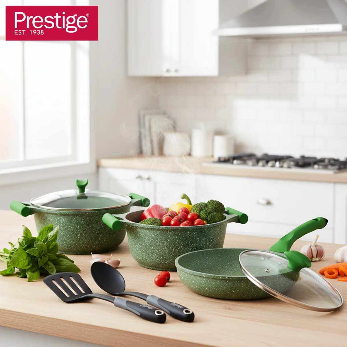 Prestige Essentials Granite 7 Piece Non-Stick Cast Aluminium Cookware Sets | Induction Compatible Pots and Pans Set | Grenn - PR80960