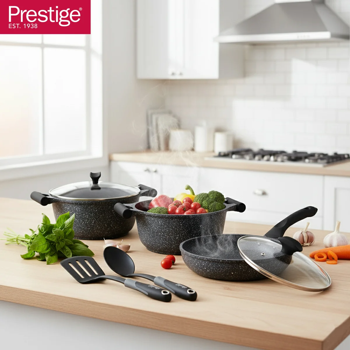 Prestige Essentials Granite 7 Piece Non-Stick Cast Aluminium Cookware Sets | Induction Compatible Pots and Pans Set | Black - PR80962