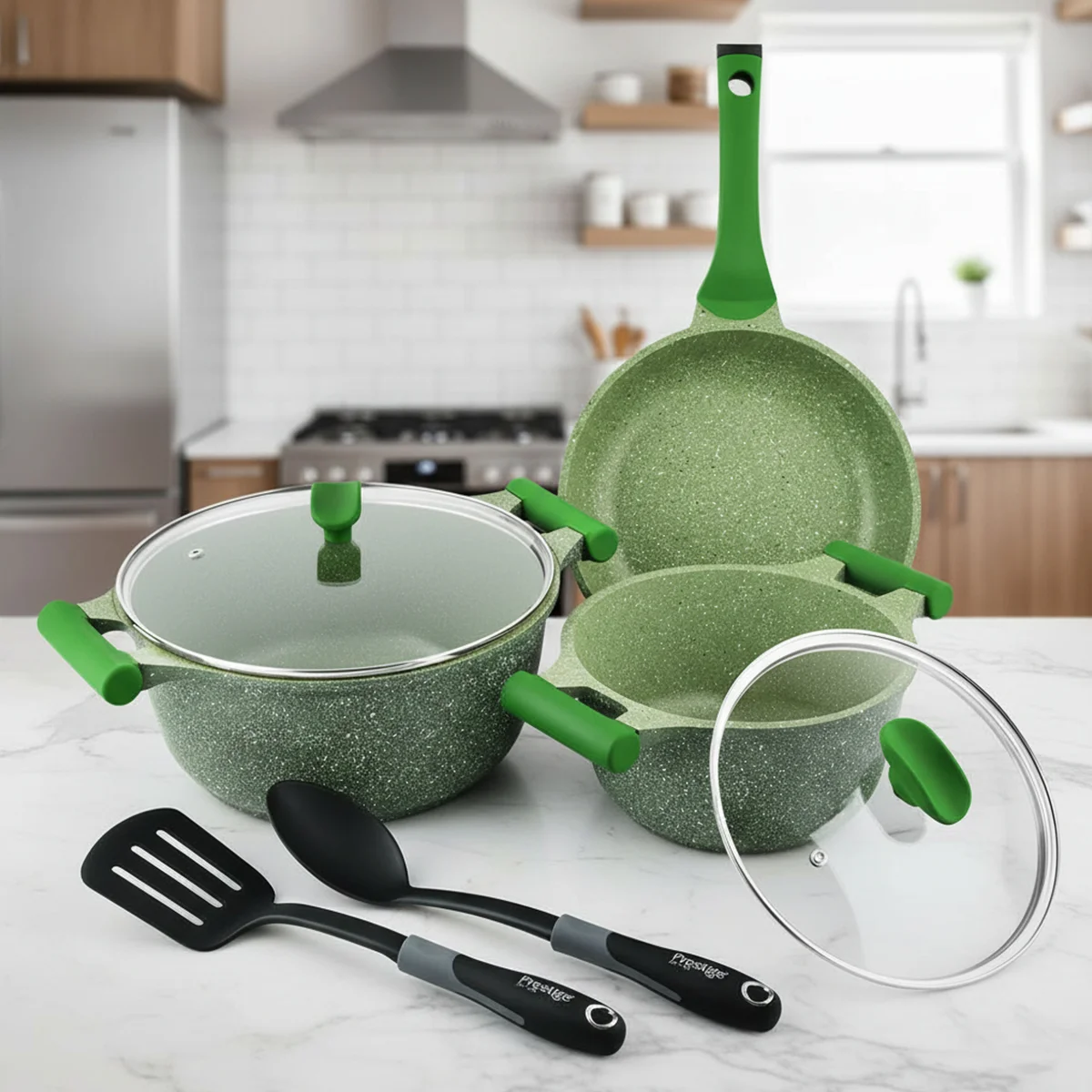 Prestige Essentials Granite 7 Piece Non-Stick Cast Aluminium Cookware Sets | Induction Compatible Pots and Pans Set | Grenn - PR80960