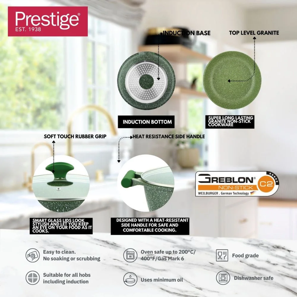 Prestige Essentials Granite Non Stick Set Combo | 26cm Fry Pan + 26cm Casserole With Lid | Induction Cookware Set 2 Pieces | Green - PR80993