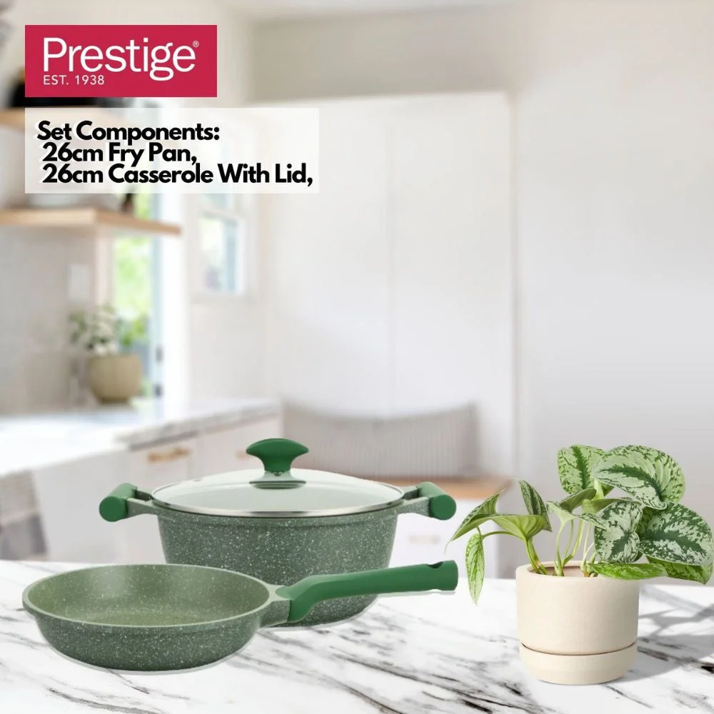 Prestige Essentials Granite Non Stick Set Combo | 26cm Fry Pan + 26cm Casserole With Lid | Induction Cookware Set 2 Pieces | Green - PR80993