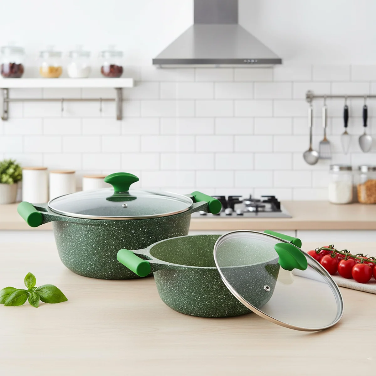 Prestige Essentials Nonstick Pots and Pans Set | Induction Cookware Set 11 Pieces | Non Stick Set Combo | Granite Cooking Set | Fry Pan Non Stick Combo Set | Green - PR80986