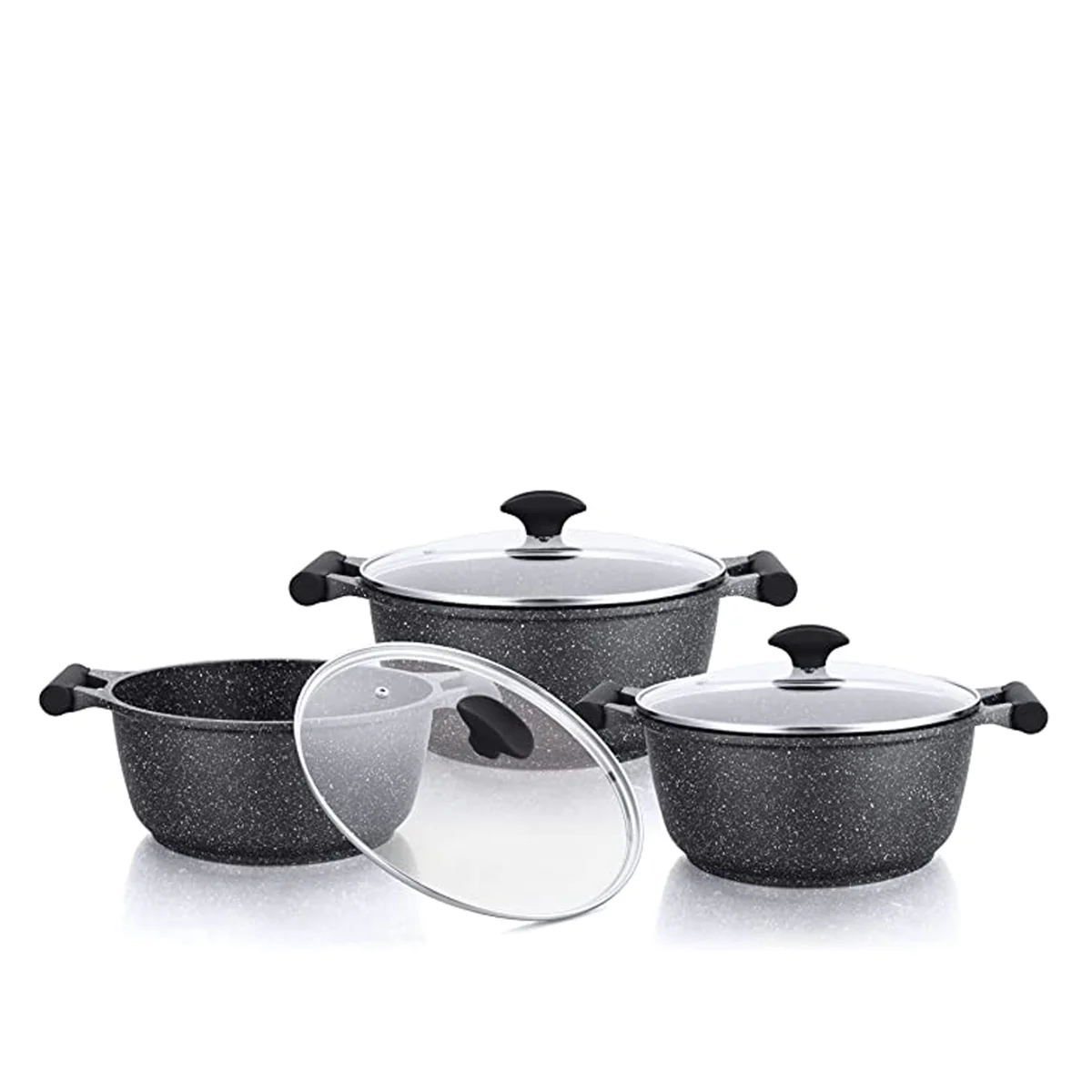 Prestige Essentials Pots and Pans Set | Granite 6 Piece Non-Stick Cast Aluminium Cookware set | Induction Base | Non Stick Cooking Set | Black PR80970