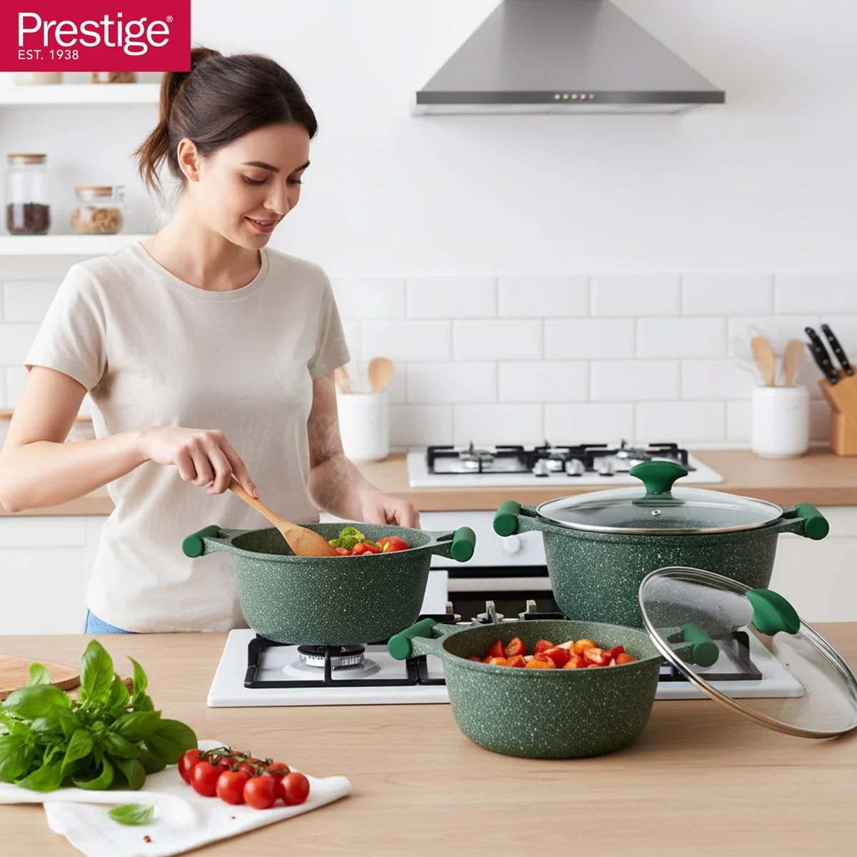 Prestige Essentials Pots and Pans Set | Granite 6 Piece Non-Stick Cast Aluminium Cookware set | Induction Base | Non Stick Cooking Set Combo | Green PR80968