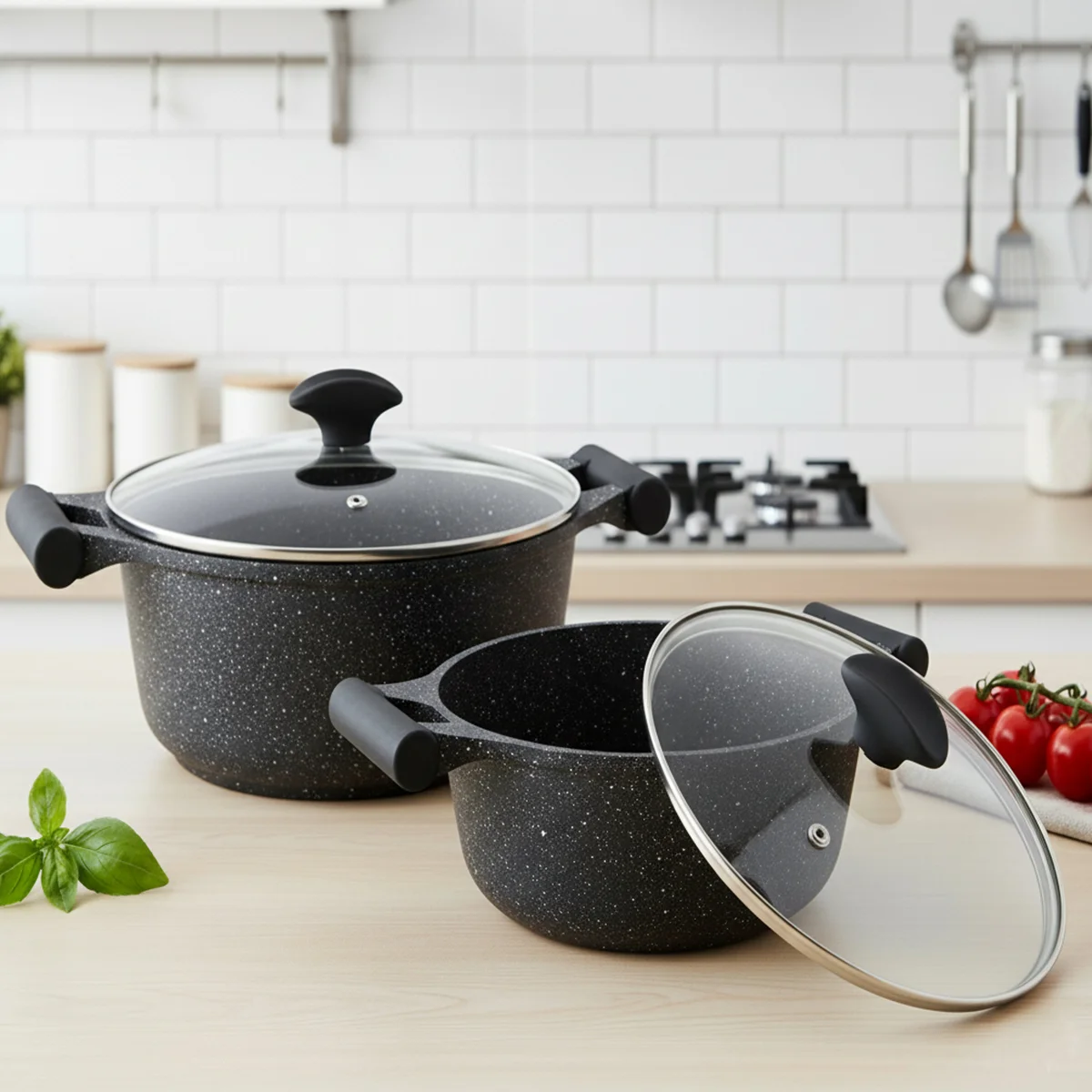 Prestige Essentials Pots and Pans Set | Granite 6 Piece Non-Stick Cast Aluminium Cookware set | Induction Base | Non Stick Cooking Set | Black PR80970
