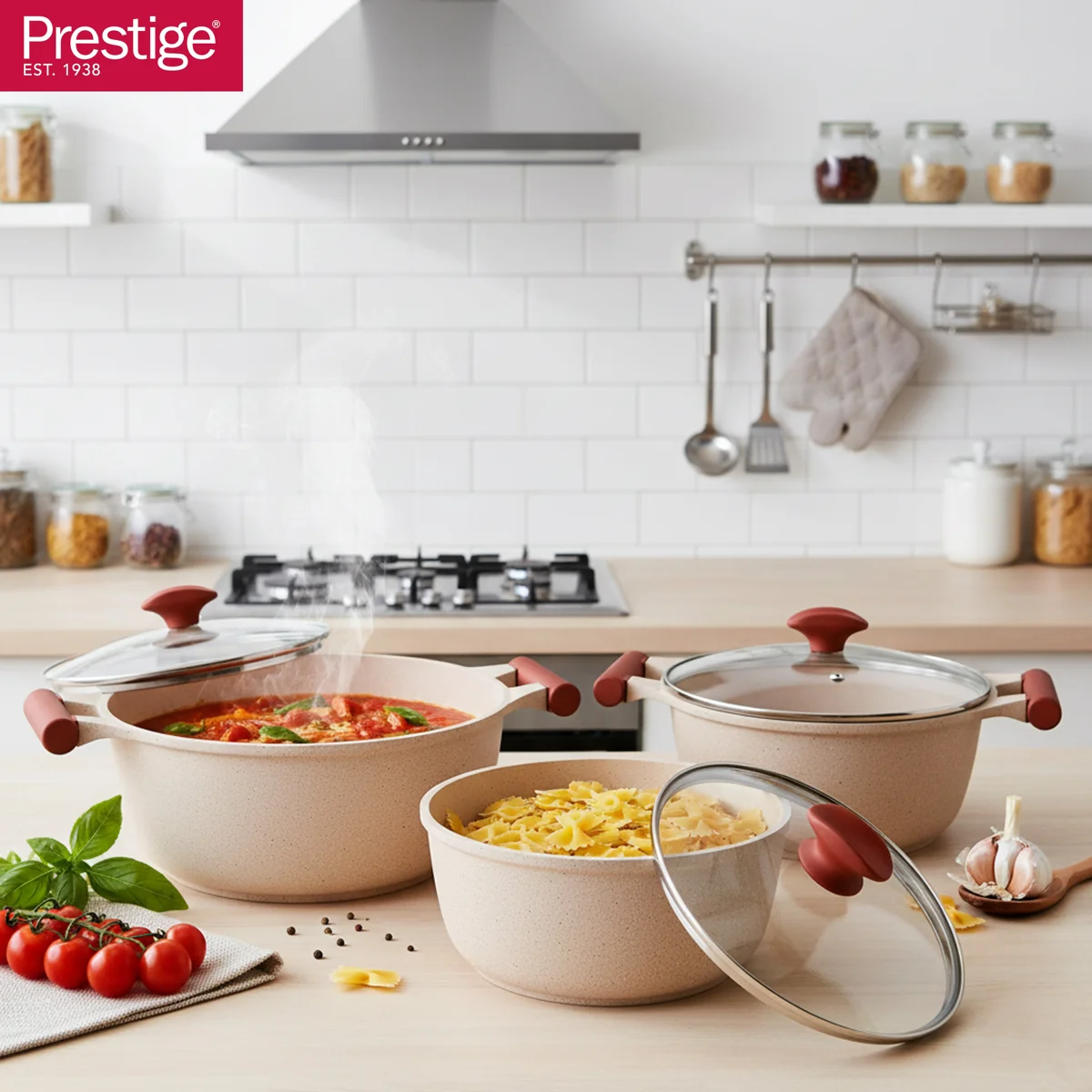 Prestige Essentials Pots and Pans Set | Granite 6 Piece Non-Stick Cast Aluminium Cookware set | Induction Base | Non Stick Cooking Set | Pink PR80969