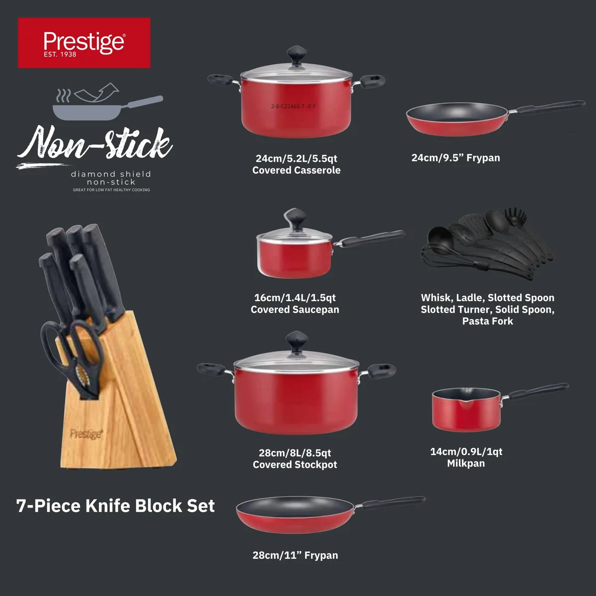 Prestige Non Stick Pots and Pans Set 22 Piece | Cooking Pot Set Big | Value Pack Cookware Set PR20965 - Red