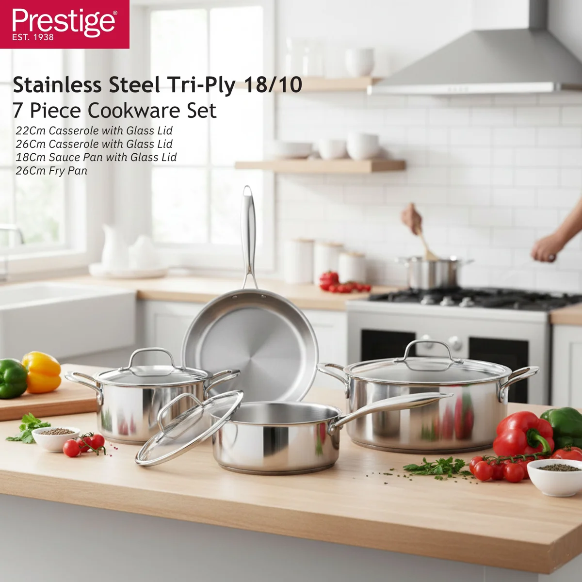 Prestige Tri Ply Stainless Steel 7 Pcs Cookware Set | Induction + all hob suitable | Pots and Pans Set | PR81200