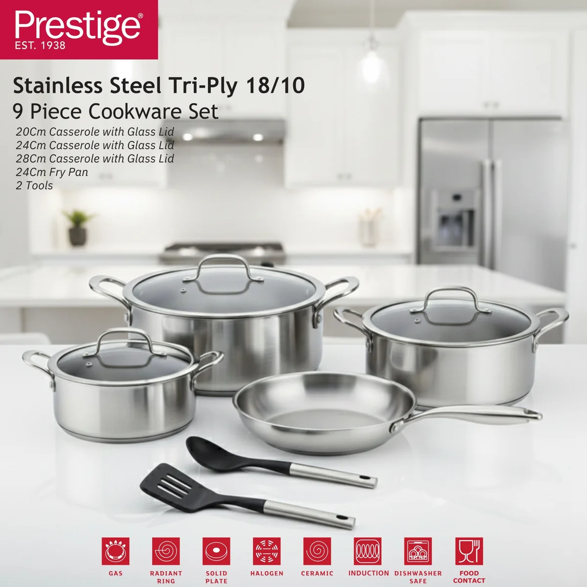 Prestige Tri Ply Stainless Steel 9 Pcs Cooking Set | Induction + all hob suitable | Pots and Pans Set | PR81201