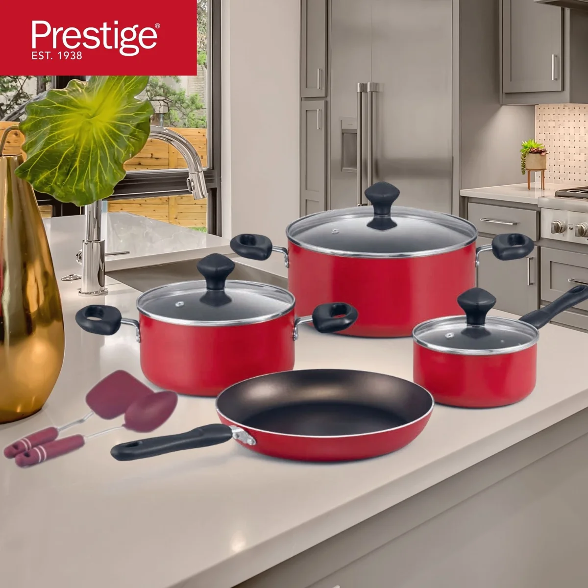 Prestige Value Pack Non-Stick Cookware sets 9Pcs | Non Stick Aluminium Pots and Pans Cooking Set | Soup Pots Set | Frying Pan Set | PR22430 - Red